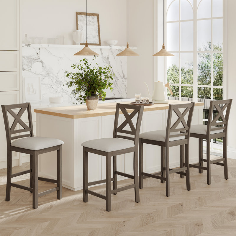 Tabouret de bar rembourré de 26 po en bois massif, Beige, Marron clair