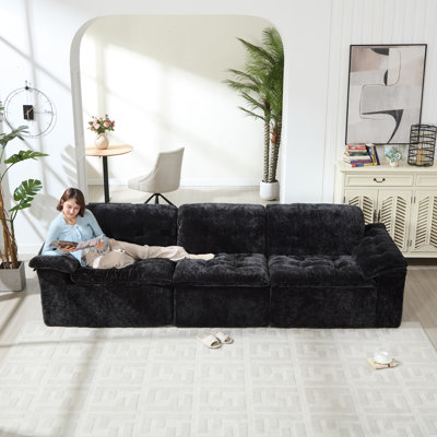 121" Sectional Sofa Comfy Cloud Couch for Living Room,Black 3-Seater Chenille Modern Sofa