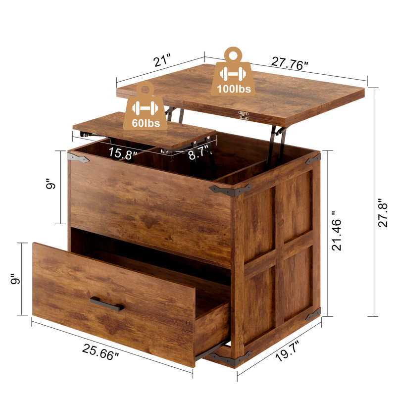Wynny Farmhourse Wood Square Coffee Table, Lift Top Coffee Table with 4-in-1 Storage, Rustic Brown