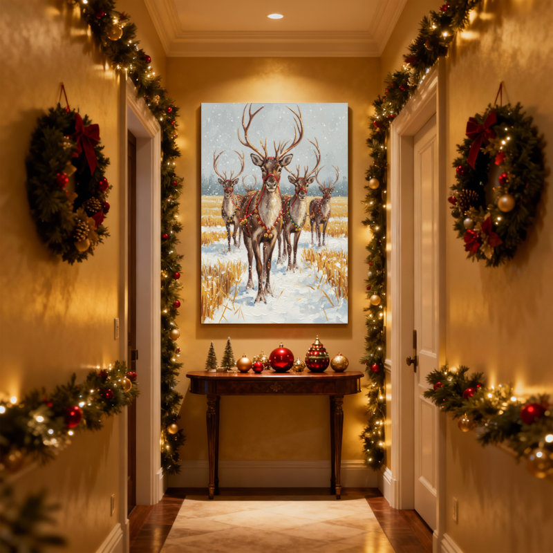 Ensemble de 3 impressions sur toile, renne de Noël dans un champ enneigé avec décorations, H 18 po x l 12 po