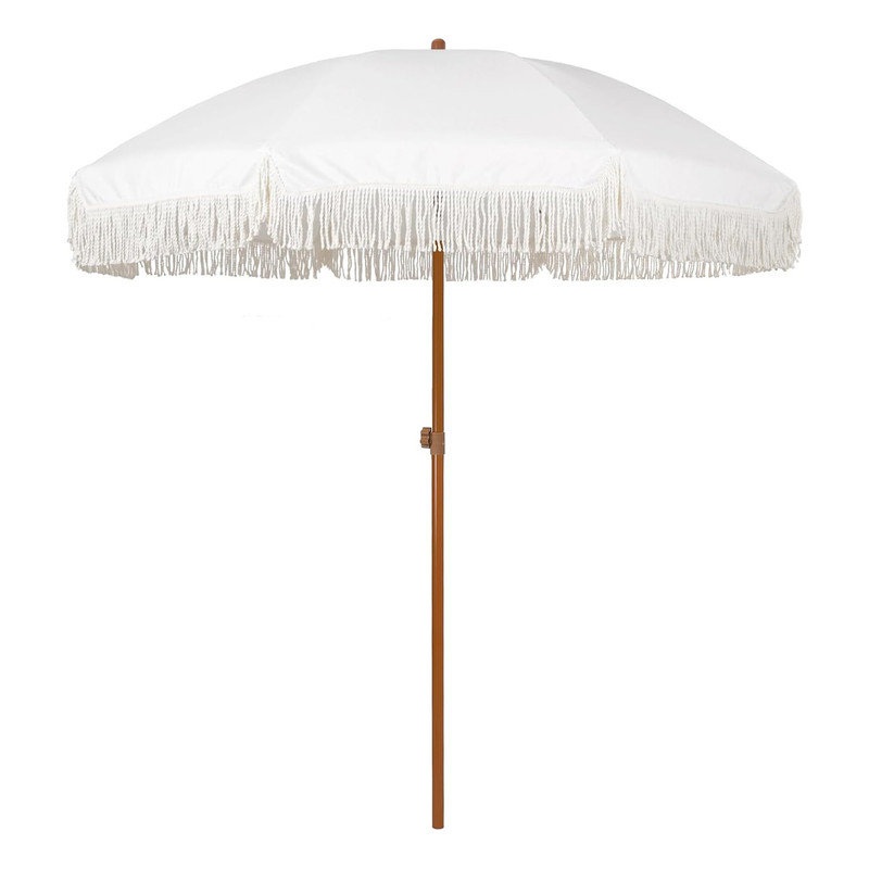 Elegant Cream 7ft Beach Umbrella with Tassel Fringe and Steel Pole