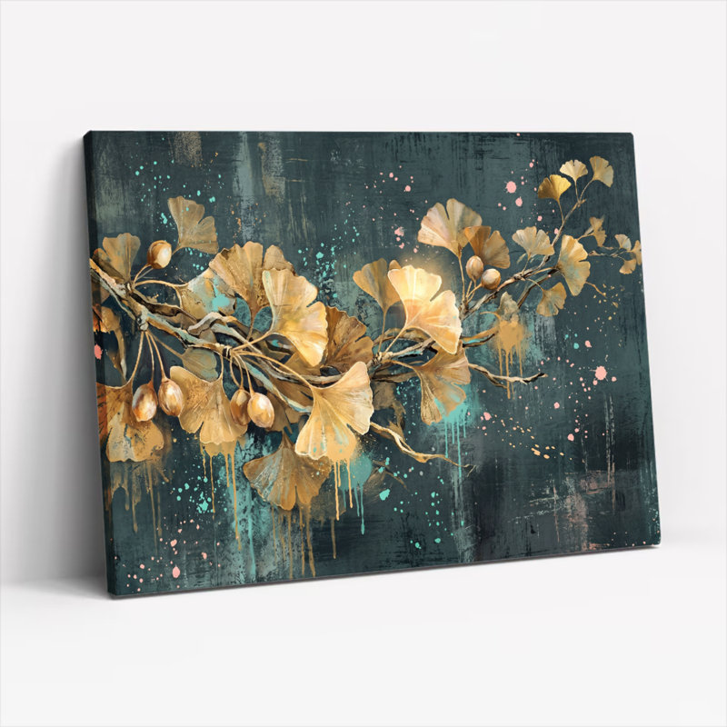 Ensemble de 1 tableau sur toile représentant une branche de ginkgo, H 12 po x l 18 po, Toile tendue