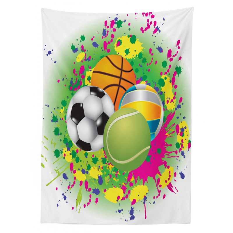 Ambesonne Sports Tablecloth, Pattern Of Sports Balls On Watercolors Splash Vibrant Art Graphic Kids Playroom, Rectangular Table Cover For Dining Room Kitchen Decor, 52" X 70", Multicolor