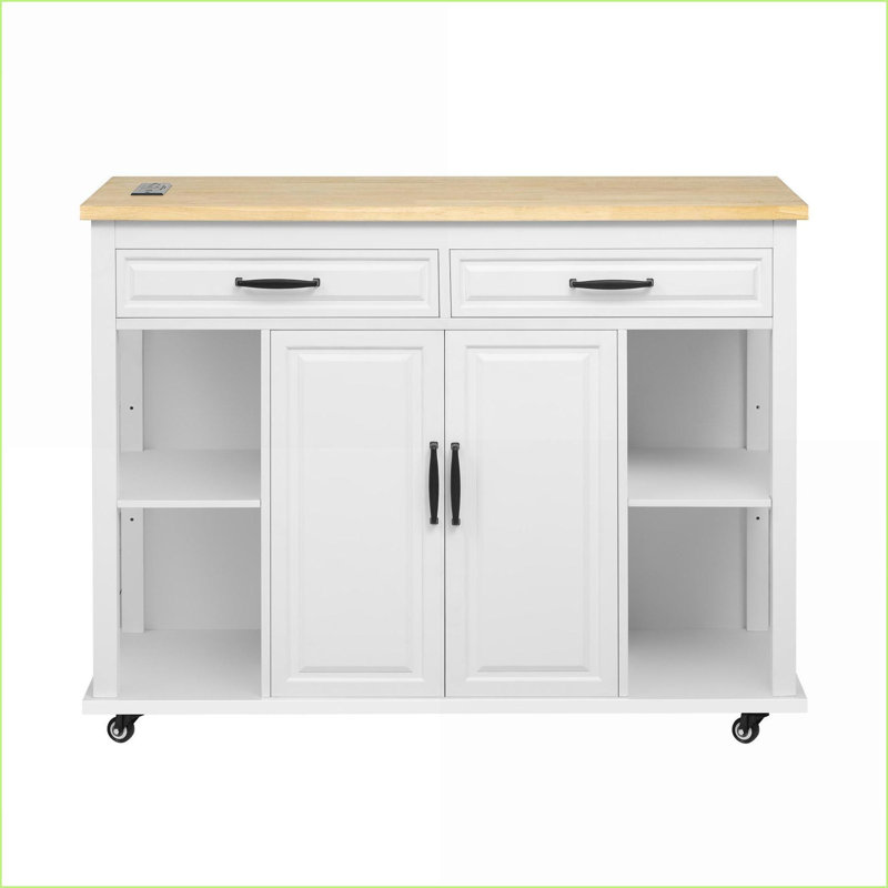Kitchen Island with Extendable Table, White Rubber Wood, Storage &amp; Power | Farmhouse | Medium (40-55in), White