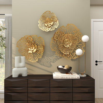 Ensemble de 3 décorations murales florales en métal doré avec découpes, H 29 po, 24 po et 18 po