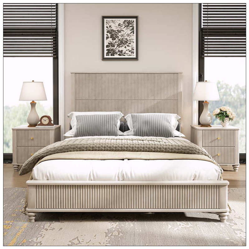 Structure de lit en bois massif avec tête de lit, Queen, Beige