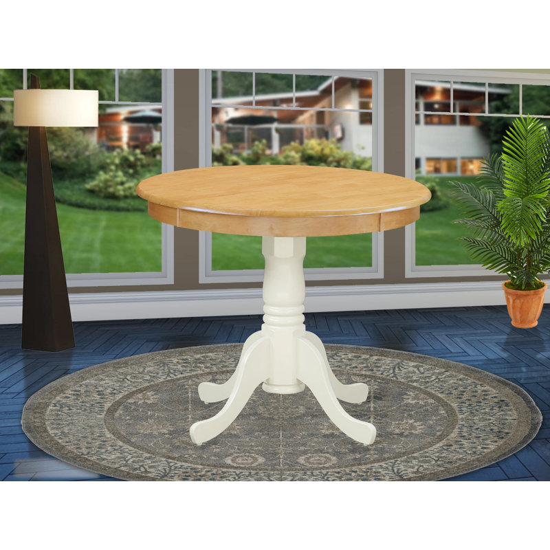 Antique Kitchen Dining Table - a Round Wooden Table Top with Pedestal Base, Oak & Linen White, Oak, Linen White