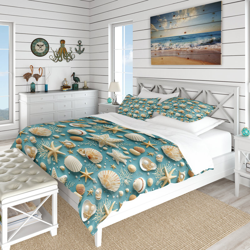 Ensemble de housse de couette Coastal Seashells Coastal, Housse de couette simple + 1 taie décorative stan