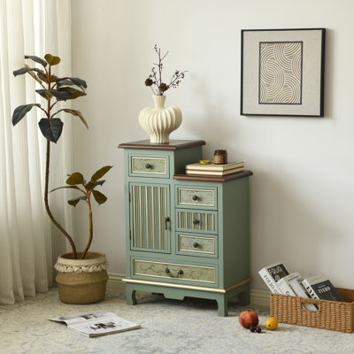 Fienley Farmhouse 1-Door Carved Wood Accent Chest With 5-Drawers, Sage Green Cabinet,Rustic Brown Top by Red Barrel Studio
