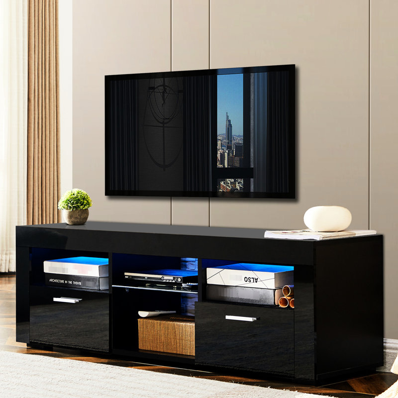 Élégant meuble télé noir avec DEL - extérieur ultrabrillant pour la chambre à coucher, le salon et le salon pouvant accueillir 2 compartiments de tiroir généreux de 55 pouces Résistant aux rayures et à l'eau