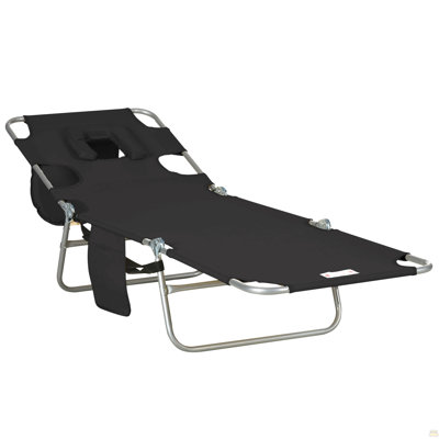Folding Beach Lounge Chair With Face Hole And Arm Slots, 5-Level Adjustable Sun Lounger Tanning Chair