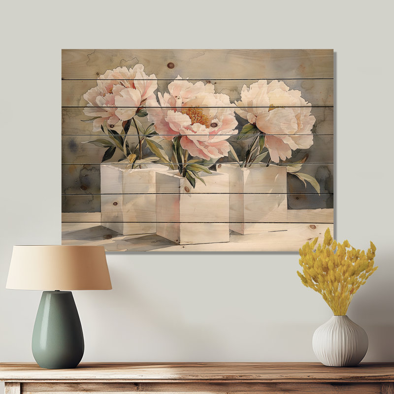 Minimal pivoines dans des cubes blancs I - art mural en bois pivoines - sur bois de pin naturel