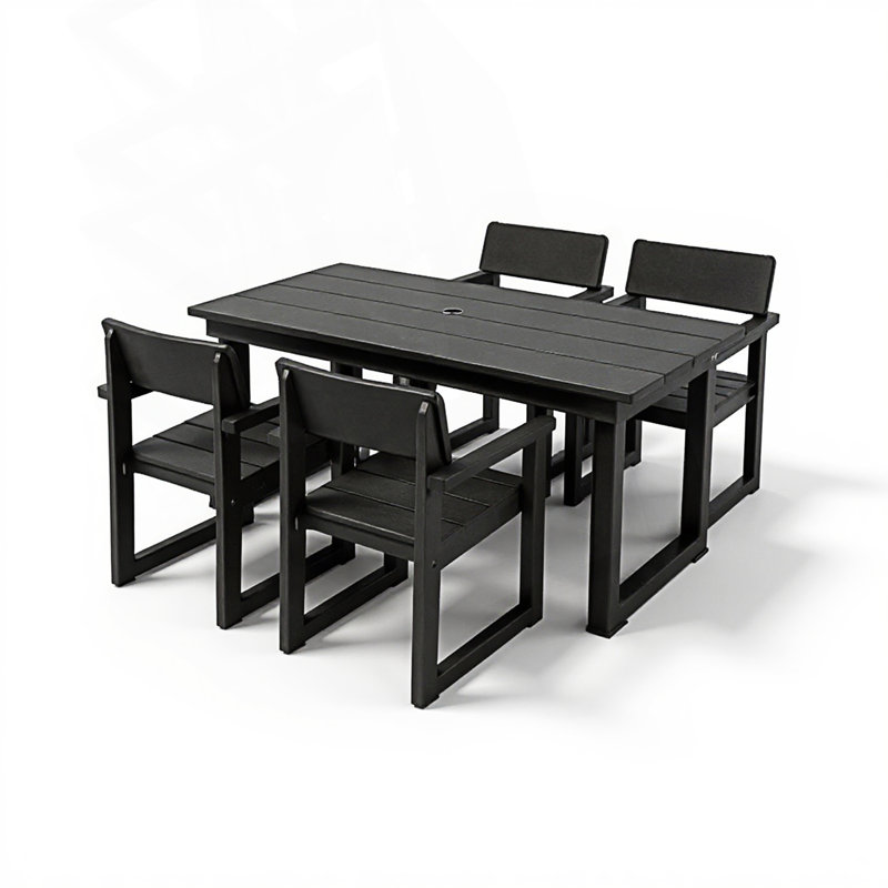 Ensemble repas 5 pièces pour 4 personnes, table de patio avec trou pour parasol et 4 chaises avec accoudoirs, Noir