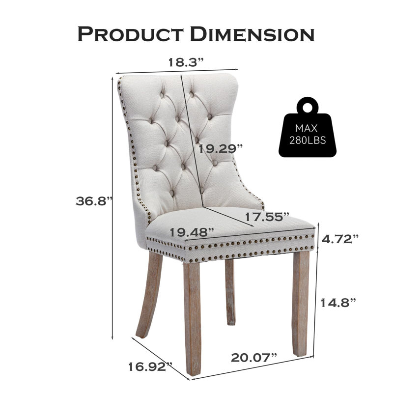 Chaise de salle à manger en velours avec anneau à dossier et pieds en bois massif, Bois naturel, Lin / beige, 2