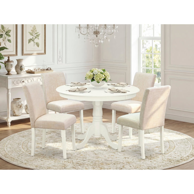 L'ensemble de mobilier de salle à manger 5 pièces comprend une table de salle à manger ronde avec piédestal et 4 chaises rembourrées en tissu de lin beige clair, 42 x 42 pouces, lin blanc