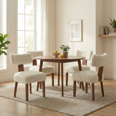 Ensemble de 4 chaises de salle à manger rembourrées en bois avec fausse fourrure moelleuse, beige moderne 