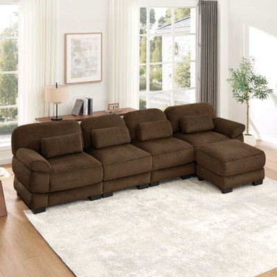 Canapé modulaire en L surdimensionné en forme de L Cloud Couch, canapé 4 places avec repose-pieds, coussins de siège confortables et épais, tissu en velours côtelé respirant, brun pour le salon
