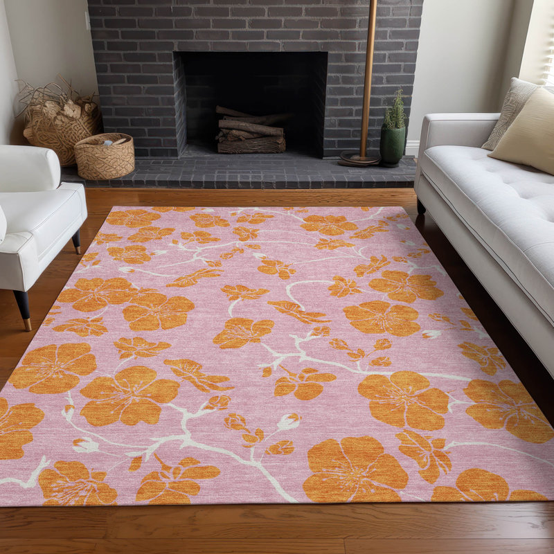 Pink Floral Synthetic Rectangular Washable Area Rug 3' x 5'