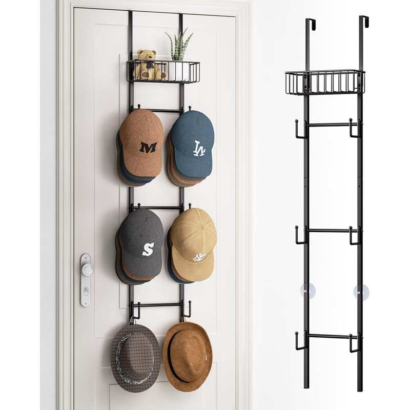 Porte-chapeaux au-dessus de la porte - Organisateur de chapeau mural avec 6 crochets et panier en métal