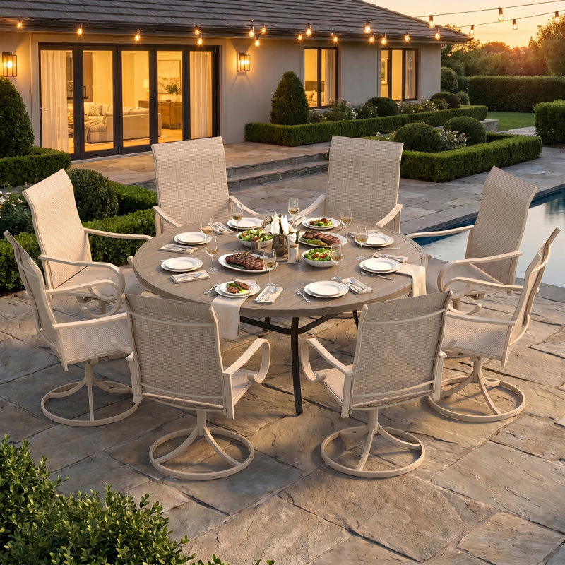 Ensemble repas 9 pièces pour terrasse avec fauteuils pivotants, Grey Woodlike, Beige