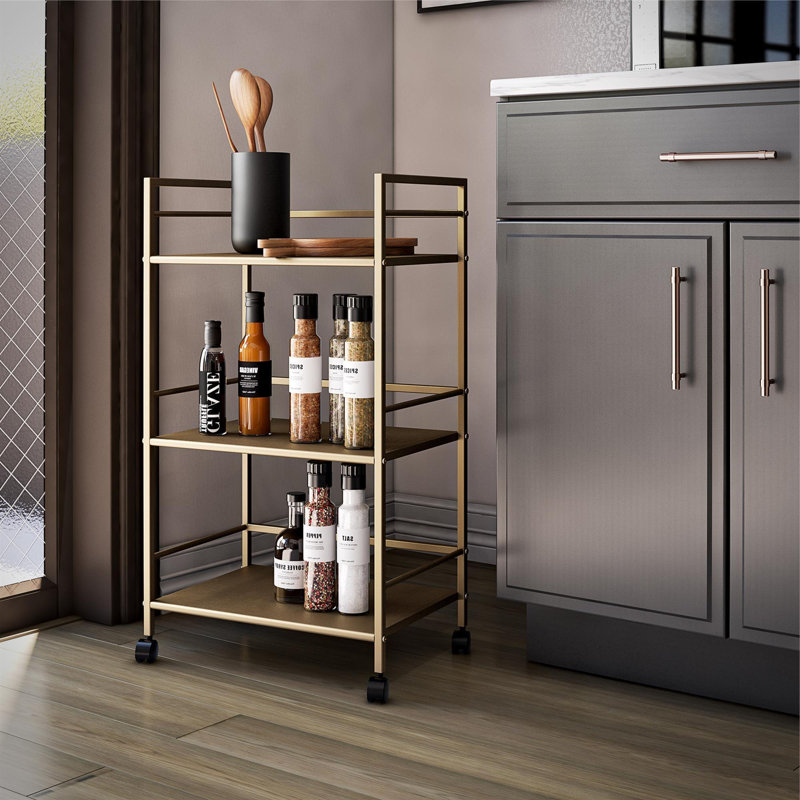 Helix 3-Tier Rolling Bar Cart with Wheels, Gold Kitchen Cart for Beverages and Wine