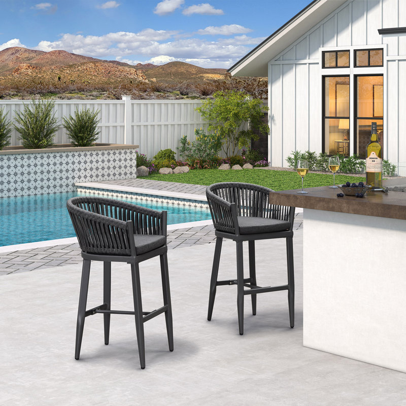 Alakai Outdoor Minimalist woven rattan Bar Stools With Premium Sponge Cushion, Gray, Gray, 28.54"