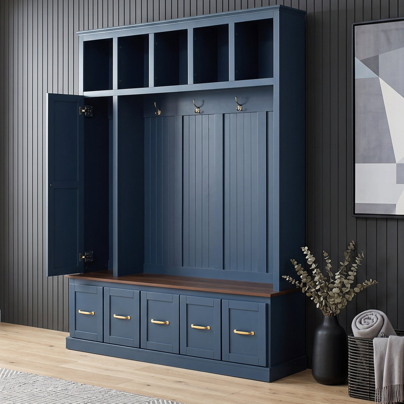 Banc de rangement pour hall d'entrée avec compartiments ouverts, crochets de suspension et tiroirs pour le salon, Navy Blue