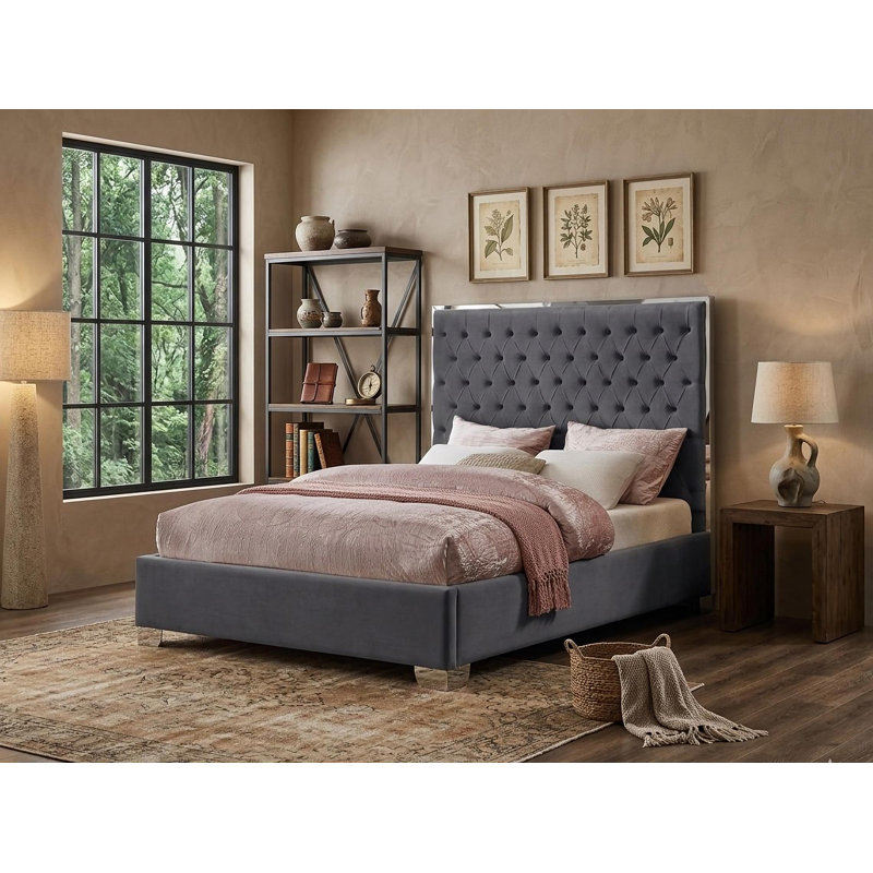 Kate Velvet Grey Platform Bed Queen, Gray, Queen