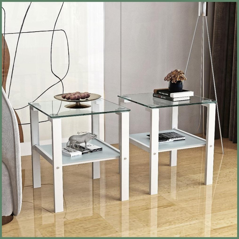Table basse 2 pièces en verre trempé blanc pour petits espaces, table d'appoint de salon / chambre à coucher facile à nettoyer
