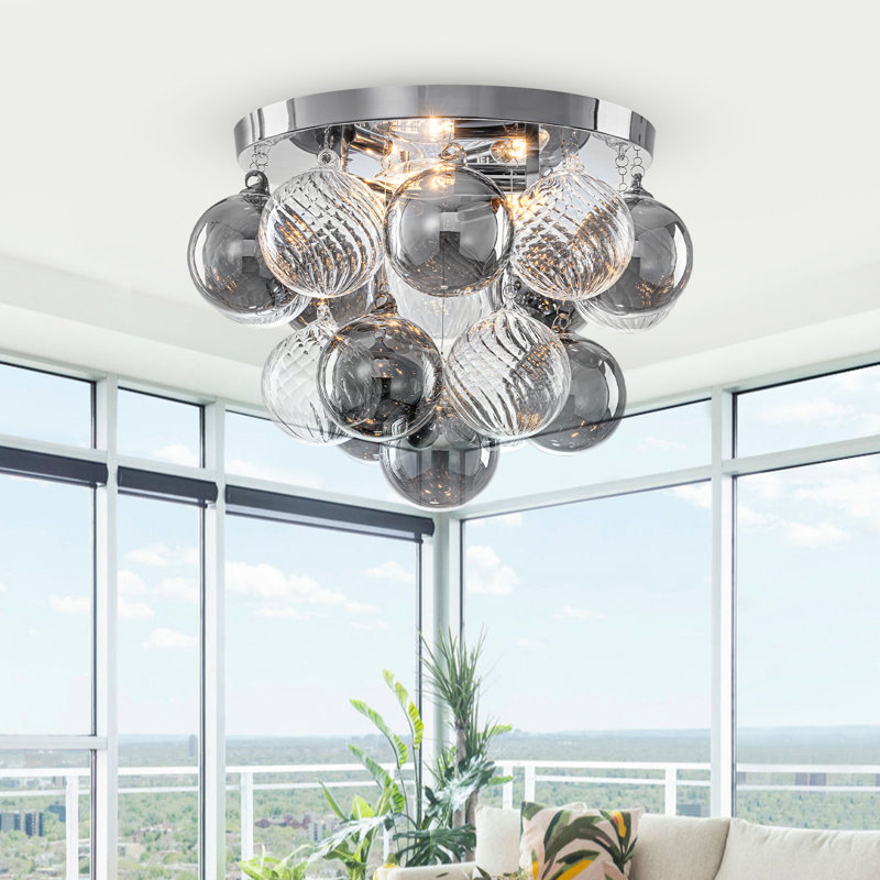 14" 3-Light Chrome Flush Mount Ceiling Light with 17 Glass Balls | Clear & Smoky Gray Twisted Glass | E12 Candelabra Base | Modern Bubble Chandelier
