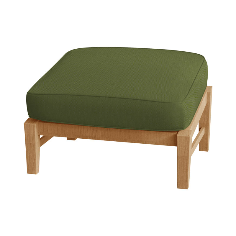 Croquet Outdoor Teak Ottoman with Cushion, Natural Teak, Welt, Linen Forest