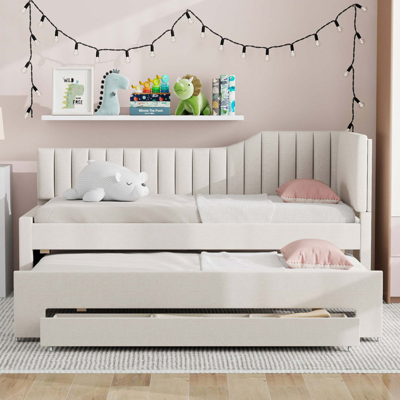 Lit de jour simple tapissier avec lit gigogne et trois tiroirs, Beige