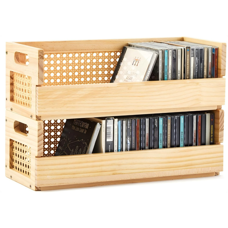 Ensemble de 2 étagères de rangement en bois pour CD avec poignées de transport, porte-cassettes de conception en rotin