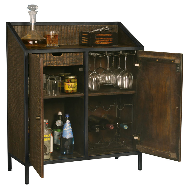 Vintage Charcoal Gray & Dark Brown Wine Bar Console with Storage