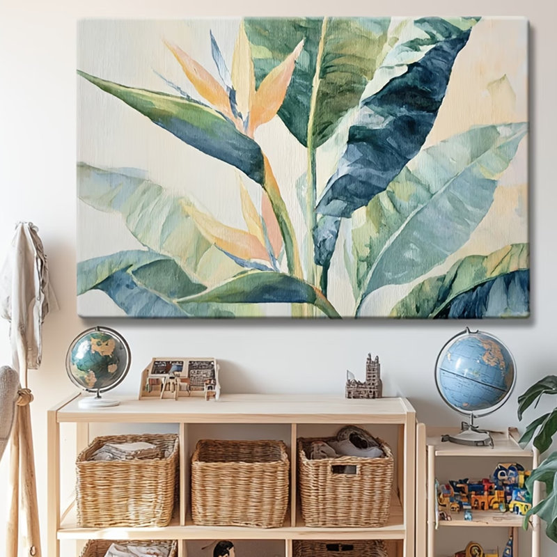 60*40,2D Flat, Tropical Monstera Leaf Botanical Canvas Print - Modern Minimalist Wall Art in Green - Wrapped Canvas Framed Poster for Living Room.
