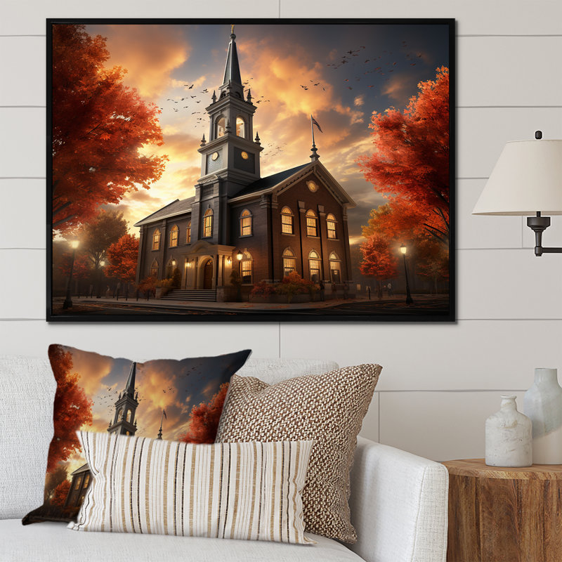 «Charme de la campagne religieuse», art mural Église, H 16 po x l 32 po x P 1 po, Cadre flottant noir