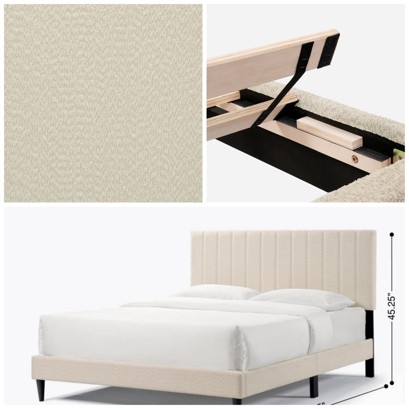 Contemporary Design Tufted Upholstered Platform Bed with Boucle Fabric Headboard, Noise Reduction, Cream White, Cream