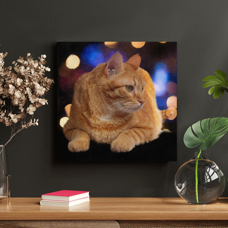 Chat tigré orange sur fond noir - 1 pièce, impression carrée sur toile tendue, H 12 po x l 12 po x P 2 po