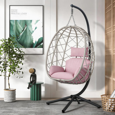 Ecolounge Modern Freestanding Woven Rattan & Fabric Egg Swing Chair with Stand, 400 lb Capacity
