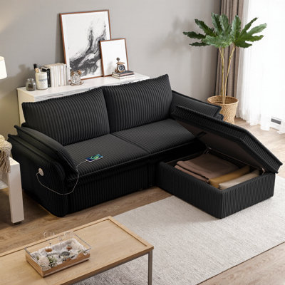 85" Convertible Sectional Sofa Bed, L-Shaped Corduroy Couch with Movable Ottoman & Storage, Memory Foam Plush Fabric Sofa, Two-in-One Design for Living Room, Guest Bed