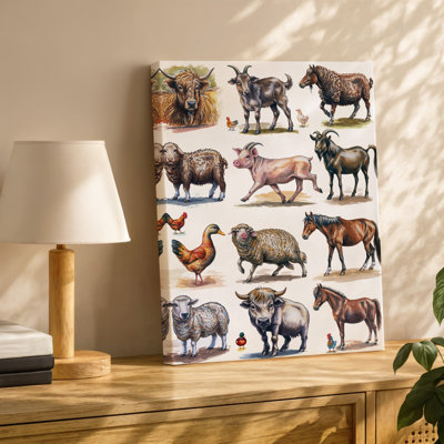Canvas A Vibrant Collage Of Various Farm Animals Including A Shaggy Wall Art Brown Cow With Expressive Eyes A Playful Piglet With A Canvas Wall Art