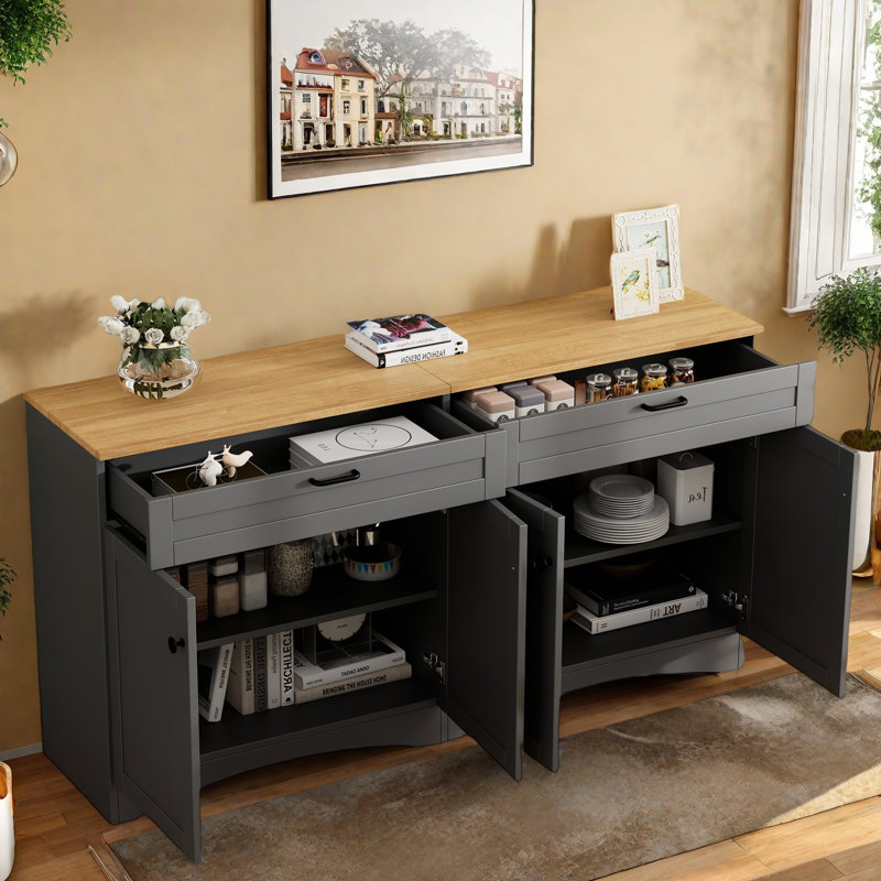 Farmhouse Sideboard With Adjustable Shelves And Rustic Handles, Gray