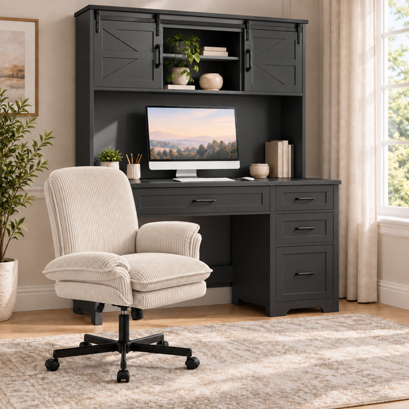 Writing Desk Office Set with Chair, Beige/Black
