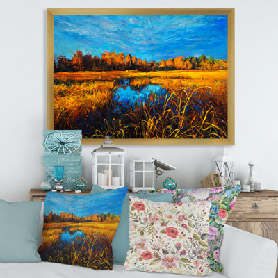 Orange Meadows sous un ciel bleu clair - peinture sur toile