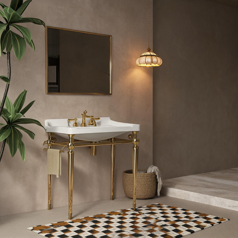 Console de lavabo murale en céramique dorée et blanche de 71 cm (28 po) avec pattes de support en acier inoxydable et porte-serviettes