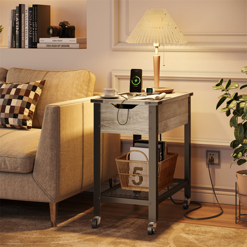 Haigh End Table with Removable Laptop Desk and Charging Stations, Gray