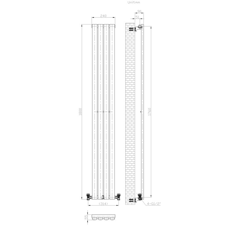 iBathUK Princia Vertical Single Oval Panel Radiator Angled Valve, 1800cm H x 240cm W x 55cm D, Grey