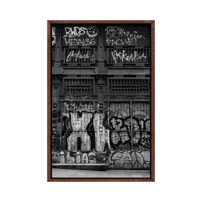 Barcelona Graffiti by Bethany Young - Print on Canvas, 101.6cm H x 66.04cm W x 3.81cm D, Classic Brown Wood Framed