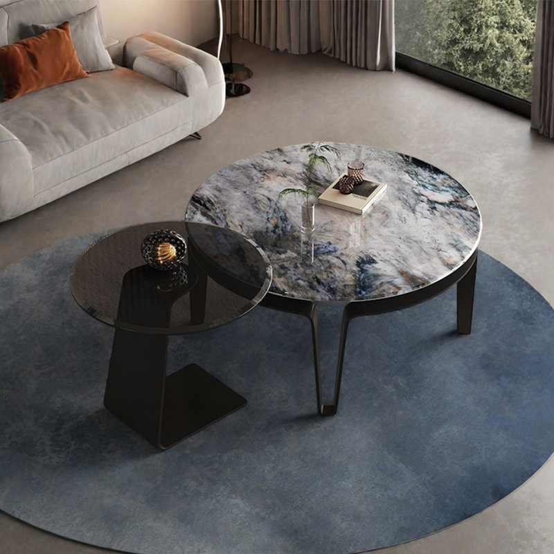 Table basse ronde en pierre supercristalline, Noir / multicolore / transparent