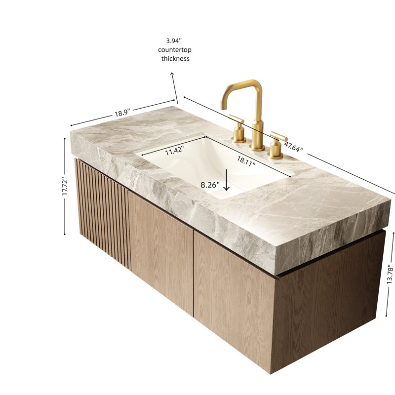 Meuble-lavabo de 48 po de style, comptoir en pierre frittée grise, lavabo en céramique, 3 trous de robinet, armoire en contreplaqué, ouverture de tiroir lisse flottante pré-assemblée, pierre, lavabo avec anti-rayures